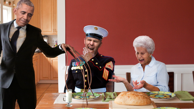 Illustration for article titled Here Are 4 Pics Of The Nasty Prez O-BUMPER Dipping His BUNGLER’S FINGERS In People’s SOUP AND MILK In Order To DESTROY LUNCH For All America